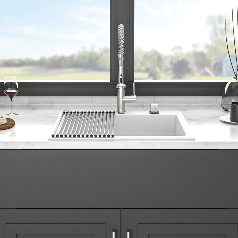 Évier de cuisine en granite blanc 25 x 22 po, à faible bruit et durable, coins arrondis pour un nettoyage facile, ensemble avec égouttoir à drain 25 x 22 po, quartz composite haut de gamme, réduit la saleté
