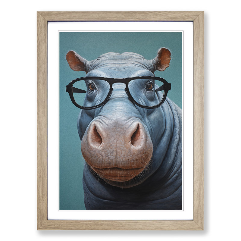 Hippo With Glasses - Single Picture Frame Print on Wood, 34cm H x 25cm W x 2cm D, Oak