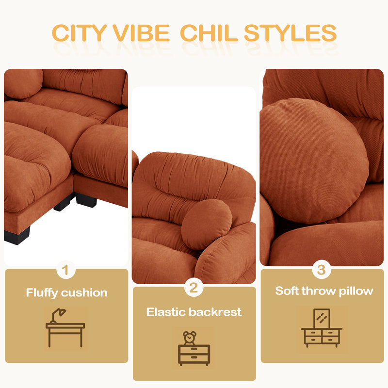 Pleated Design Cozy Chenille Fabric 2 Seater Modular Sofa With High-Density Ergonomic Foam Seat, L Shape Sectional Couch With Ottoman