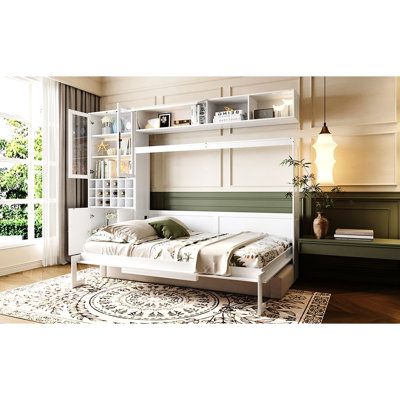 Full Size Bed White, With , Shelves, & - Multifunctional, Space Saving In Small Spaces Easy To Use, For Apartments