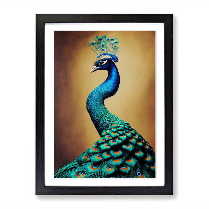 Golden Peacock No.2 - Single Picture Frame Print, 64cm H x 46cm W x 2cm D, Black
