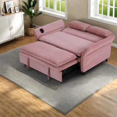 Modern Compact Pink Sofa Bed, Corduroy Fabric With Adjustable Armrests And Storage Features For Living Rooms And Bedrooms