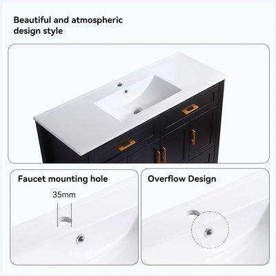 Ensemble de meuble-lavabo 48 po avec lavabo en résine noir et armoire de rangement abondante avec 4 portes à fermeture douce et 4 tiroirs