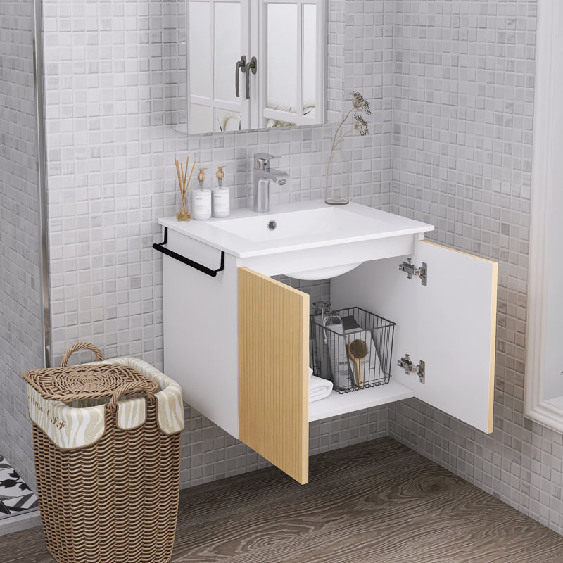 24" Wall-Mounted Bathroom Vanity With Ceramic Sink And Towel Rack, Yellow/White