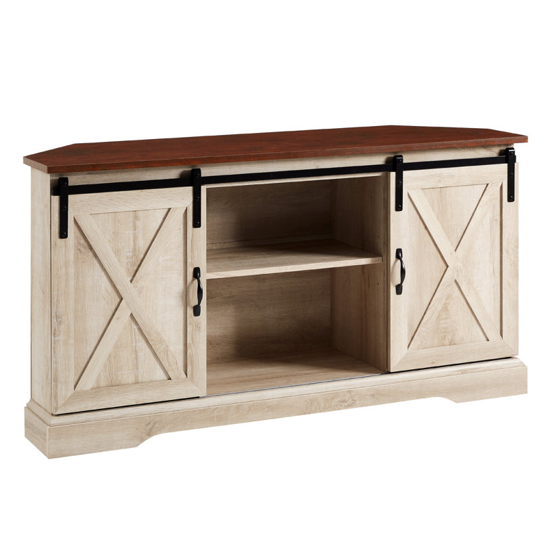 Meuble télé de coin 52 po avec portes coulissantes pour téléviseur de 60 po ou moins Bevus, Brun traditionnel / chêne blanc