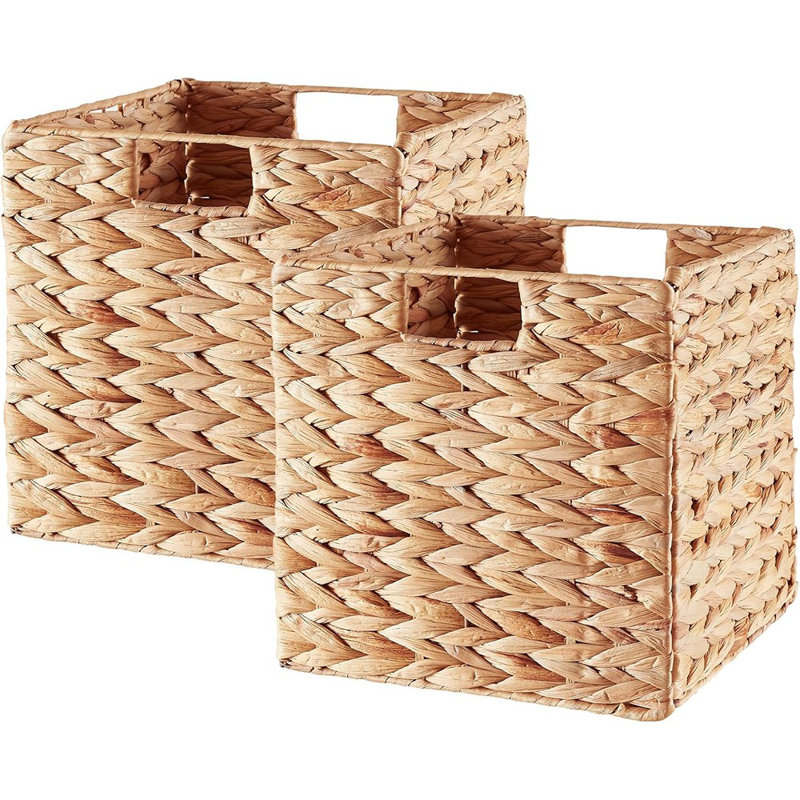 Paniers de rangement Water Hyacinth - Naturel - Ensemble de 2 cubes carrés en osier pliables, idéaux pour les tablettes, la lessive et l'organisation à la maison