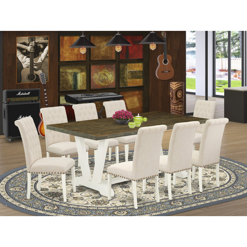 9 Piece Dining Table Set Includes a Rectangle Dining Room Table with V-Legs and 8 Light Beige Linen Fabric Parsons Chairs, Wire-Brushed Linen White