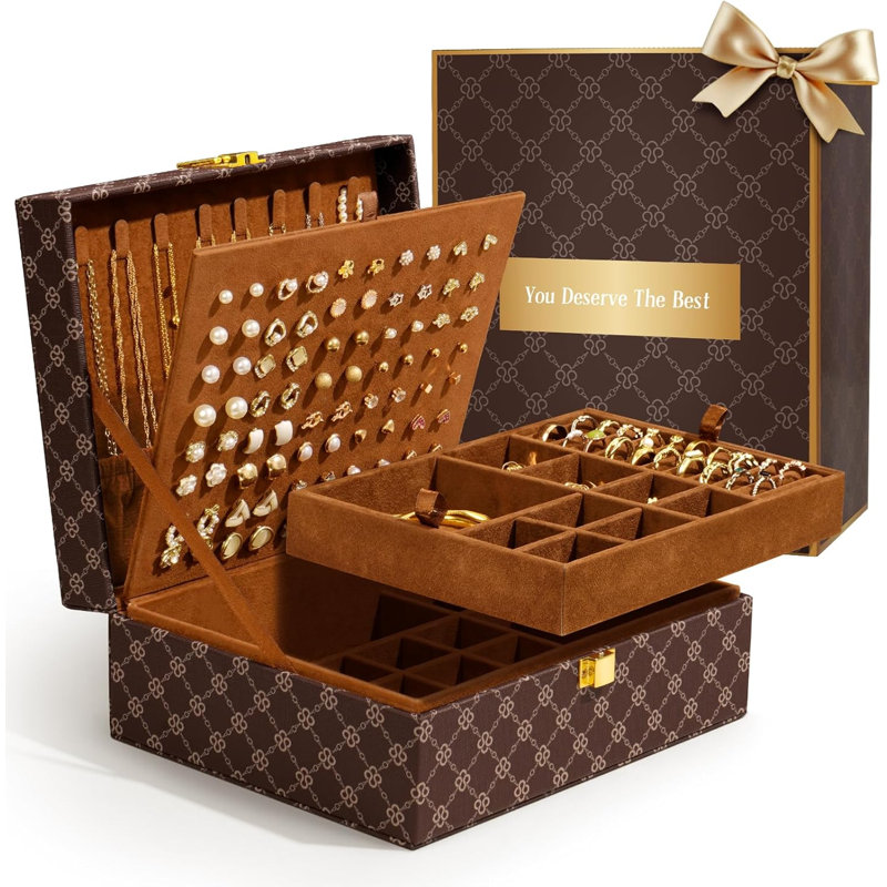 Boîte à bijoux pour femme avec serrure - Étui à boucles d'oreille à 4 couches pour bracelets à bagues - Cadeau de la Saint-Valentin avec doublure en cuir et en velours