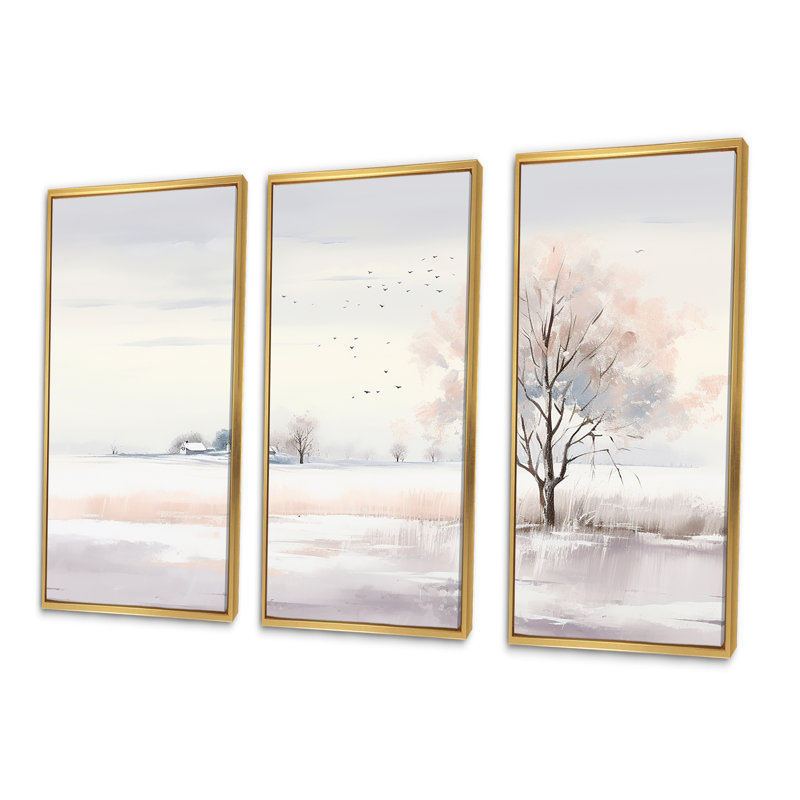 Paysage d'hiver «Minimalisme I», ensemble d'art sur toile paysage d'hiver, Cadre flottant doré, H 32 po x l 48 po x P 1 po