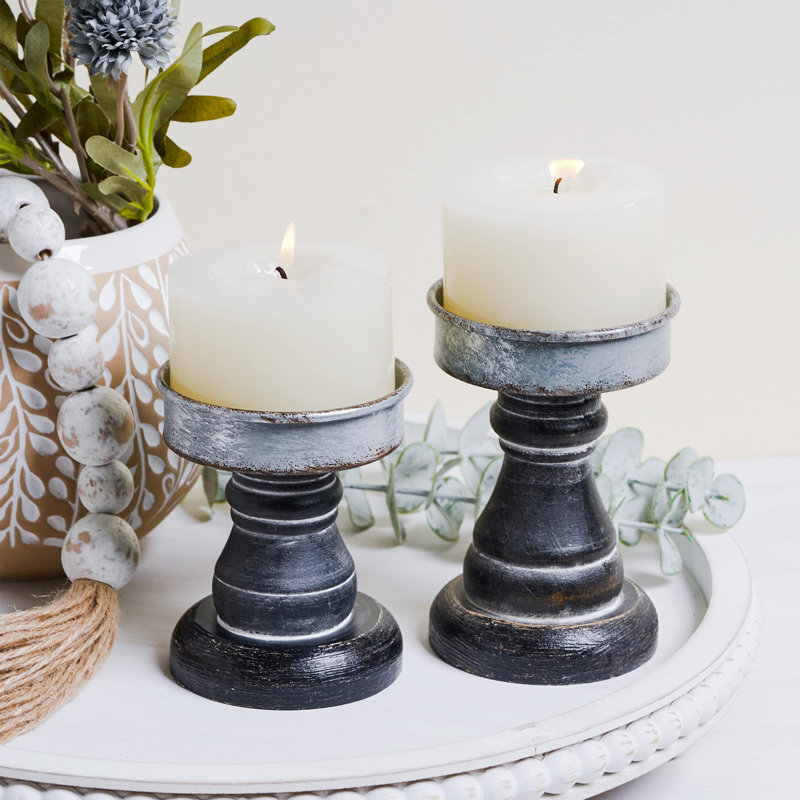 2 Pack Decorative Candle Holders Pedestal Rustic Wood with Galvanized Plate, Gray/Black