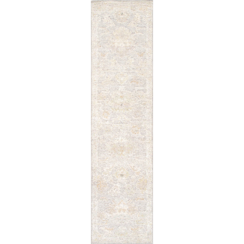 Oushak Hand-Knotted Silver Wool Area Rug, Runner 2'9" x 11', Cream