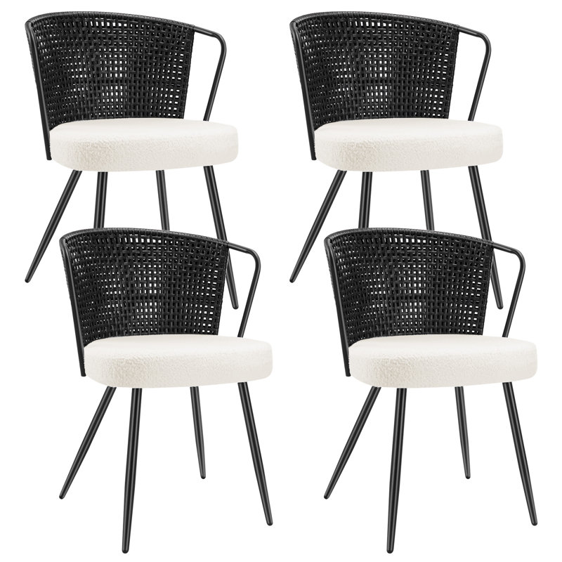 19" Seat Height Rattan Dining Chair Set Of 4 -  Wingback Dining Room Seat With Metal Legs For Home, Kitchen, Black, 4