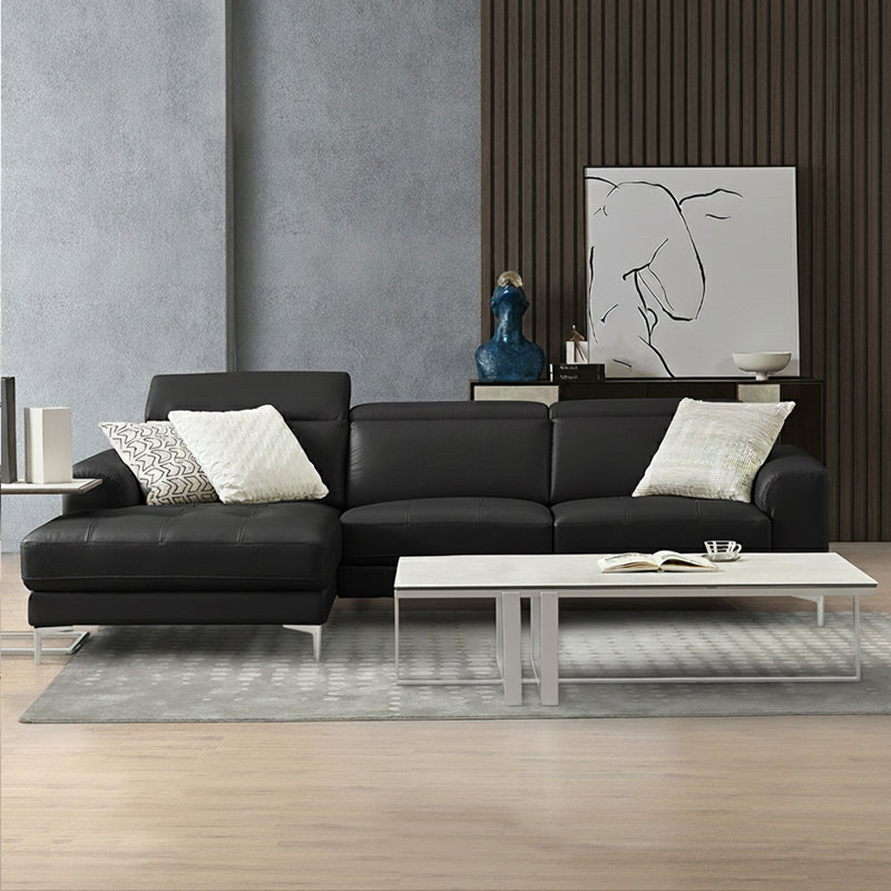 Ladonnia Black Genuine Leather Sectional,Sectional Sofa,Left Hand Facing Chaise with Adjustable Headrest, Left Hand Facing