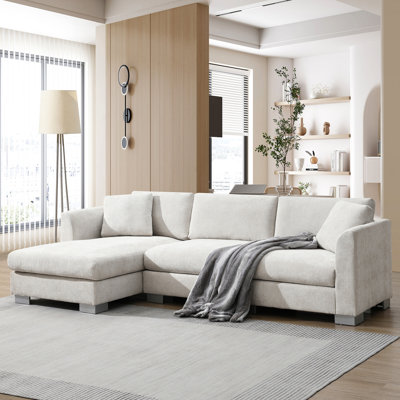 Canapé moderne en chenille, 96 x 56 po, en forme de L avec méridienne surdimensionnée, 4, 2 coussins, pour salon, appartement, bureau, rembourrage en mousse solide, pieds en aluminium argentés en forme de L de 96 x 56 po, tissu de luxe,