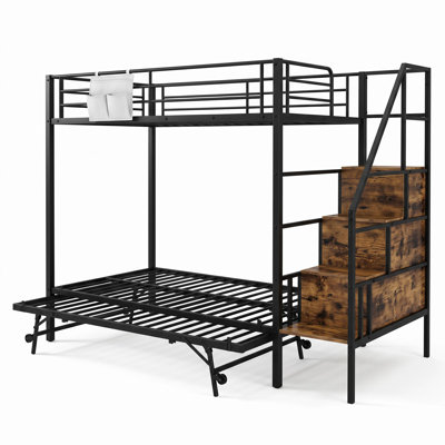 Lit mezzanine avec rangement, échelle latérale et lit gigogne (taille simple) ; combine le fer et le MDF avec une finition vintage.