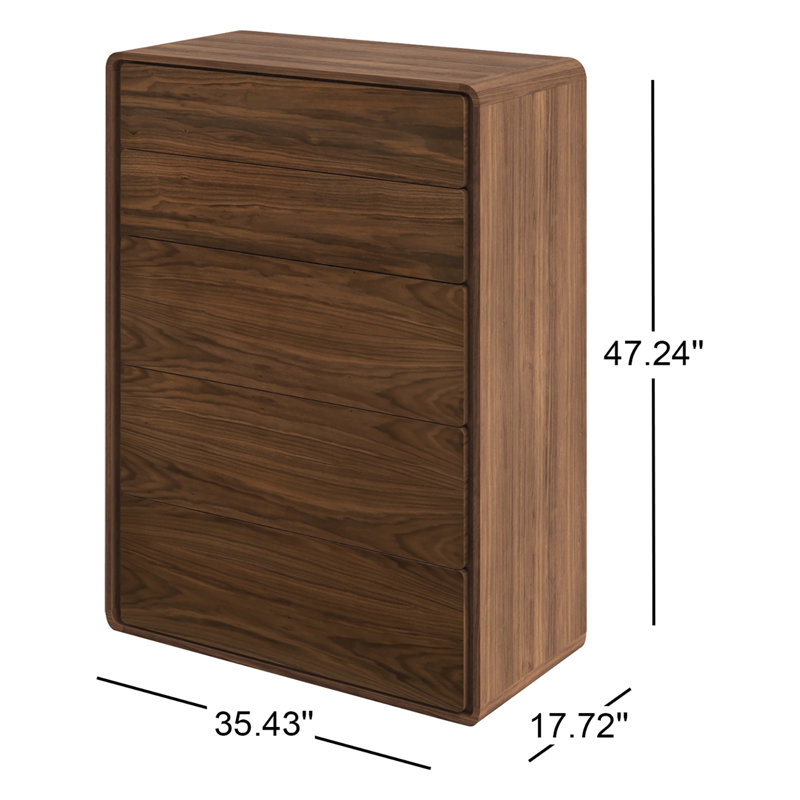 Walnut Mid-Century Modern 5-Drawer Dresser with Soft Close