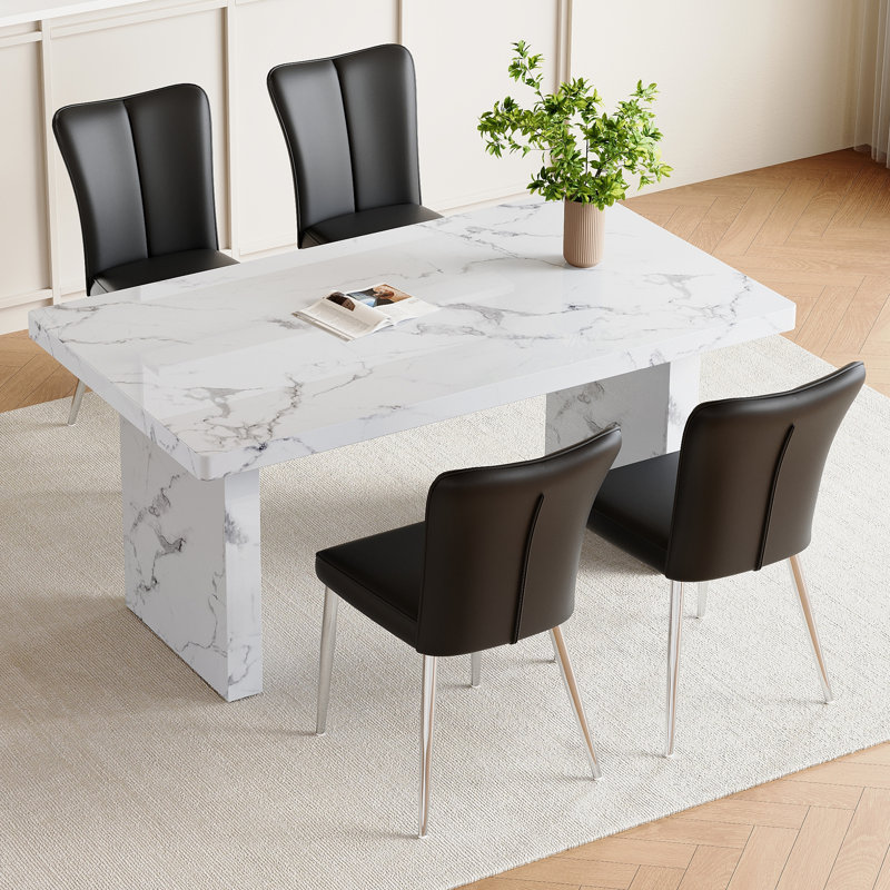 Ensemble de table et de chaises Ensemble de table de salle à manger en panneau de fibres à densité moyenne imitation marbre blanc de 63 po x 35,4 po - 6 chaises en polyuréthane noir