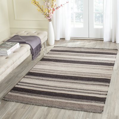 Tapis rayé en laine et en coton tissé à la main à plat Rodgers en noir / beige / brun