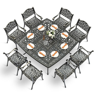 Bloomsbury Market 9-piece Outdoor Dining Set, Cast Aluminum Retro Patio Furniture Table And Chairs Set For 8, Include Large 63.98" Square Dining Table by Bloomsbury Market