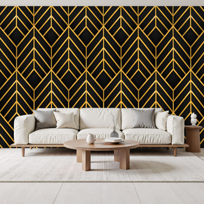 Papier peint adhésif géométrique noir et or moderne de style art mural H 69 po x l 96 po amovible en PVC autocollant pour chambre à coucher, bureau à domicile