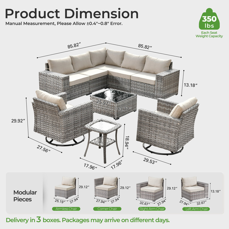 Ensemble de conversation modulaire en osier / rotin pour 7 personnes avec chaises pivotantes Baili, ensemble de conversation modulaire moderne avec coussins