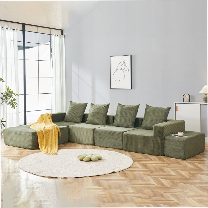 Boneless 4-Seat Modular Sectional Sofa With Oversized Chaise And Ottomans For Compact Living Spaces., Green