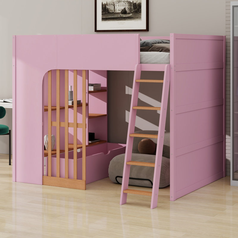 Lit mezzanine avec échelle et tablettes de rangement pratiques, Lit double, Pink + Natural Oak