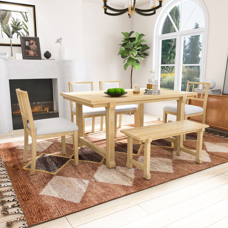 Ensemble de table de salle à manger 6 pièces pour 6 personnes, ensembles de cuisine et de salle à manger avec banc, pieds et structure en bois massif naturel, chaises ergonomiques doubles avec coussins, idéales pour la cuisine et la salle à manger