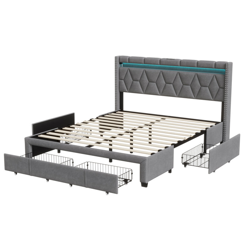 Upholstered Storage Bed, Beige, European Kingsize (160 x 200 cm)