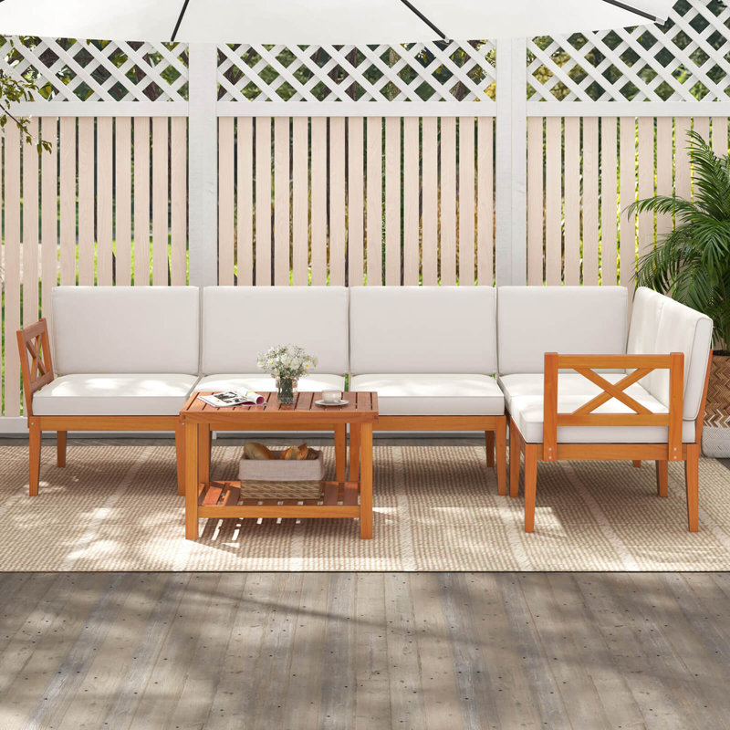  6 Pcs Acacia Wood Patio Furniture Set With Cushions And 2-tier Coffee Table 