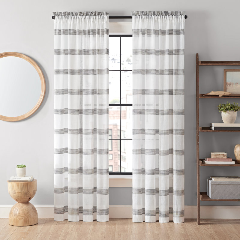 Blaurock Striped Polyester Semi-Sheer Single Curtain Panel, Black, 52"W x 95"L