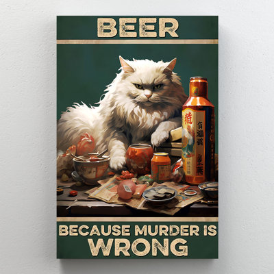 «Beer parce que Murder Is Wrong», art mural sur toile moelleuse avec chat blanc - décoration de salon, de chambre à coucher ou de bureau