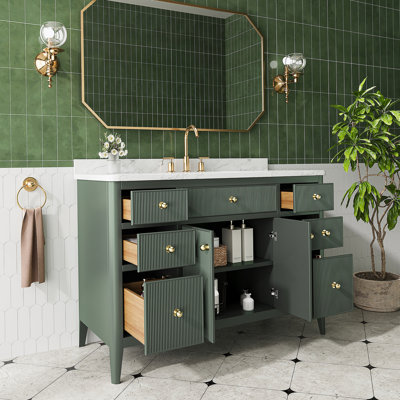 Ensemble de meuble-lavabo autoportant vert entièrement assemblé de 48 po avec construction en bois massif et plateau en marbre d'ingénierie