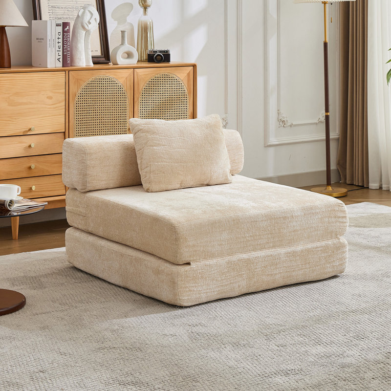 Canapé à compression, canapé-lit à plancher convertible à structure fixe, canapé modulaire à assise simple sans os, sans assemblage requis, tissu chenille, pour la chambre du salon, beige