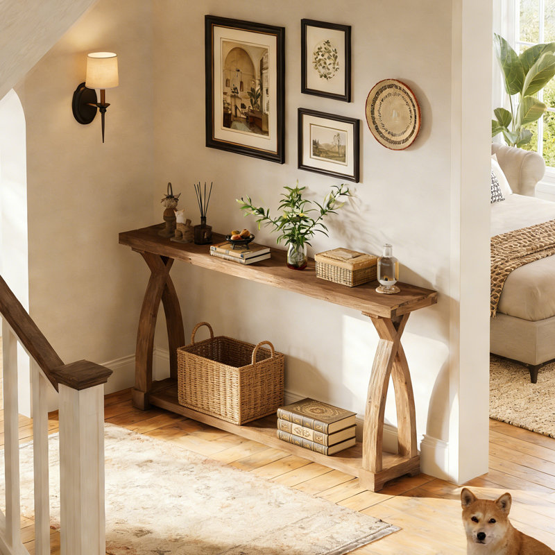 Table console 63 po en bois massif, canapé d'entrée étroit avec rangement à 2 niveaux