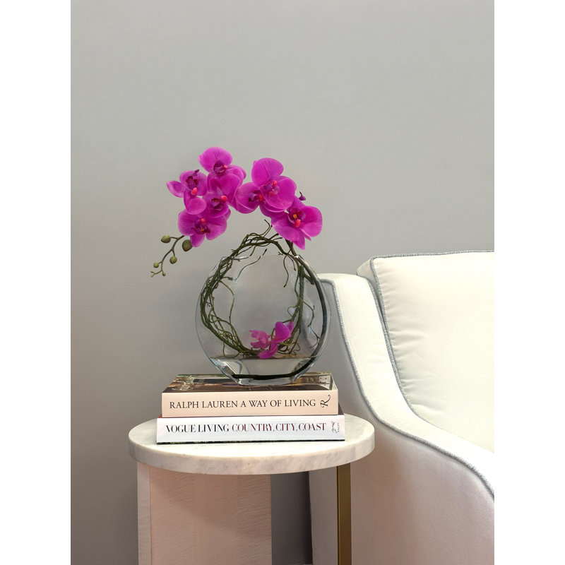 Orchid Arrangement in Round Glass Vase with Vines, Magenta