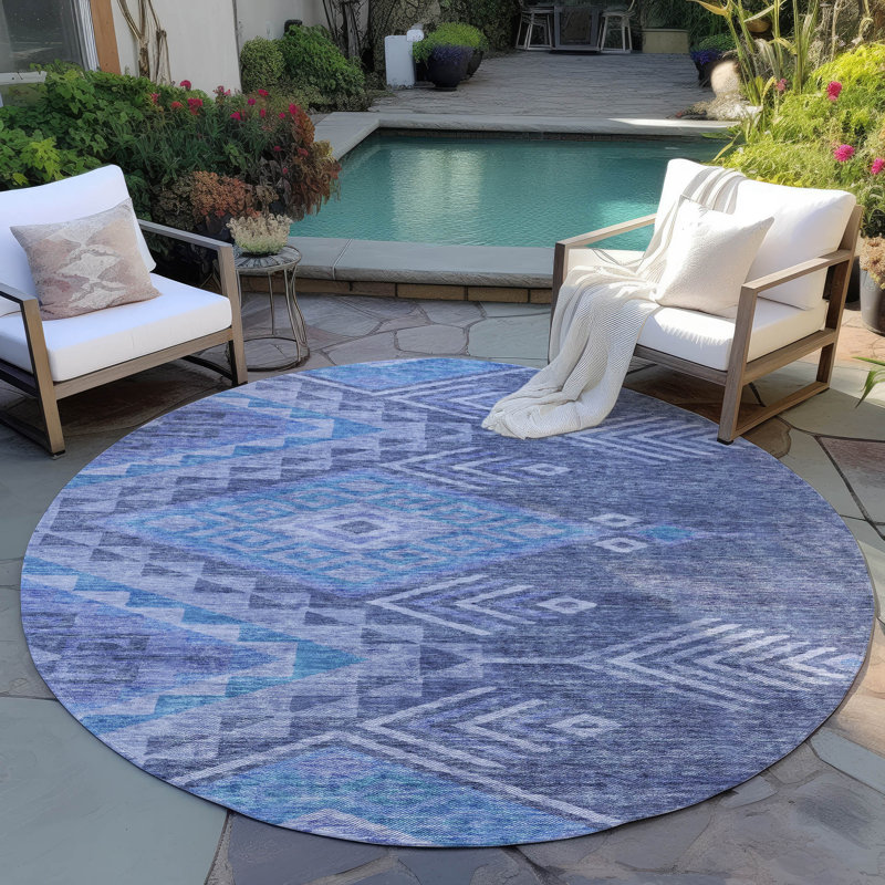 Machine Washable Indoor/Outdoor Chayden ACN1091 Navy Rug, Round 8'