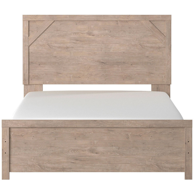 Grand lit à panneau Hara avec accents croisés, bois de ferme gris-blanc, Grand, Gris