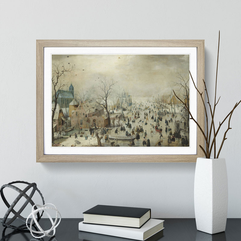 Winter Landscape with Skaters by Hendrick Avercamp - Picture Frame Painting, 48cm H x 65cm W x 2cm D, Oak Framed