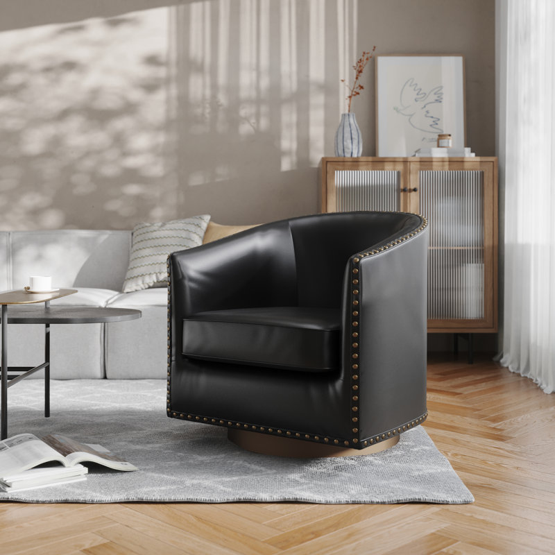 Byran Classic Club Style Chair with 360° Swivel Base and Nail Head Trim, Black Faux Leather