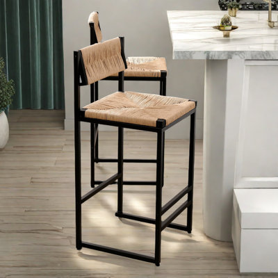 Bar Stools Set Of 2 Paper Rope Weave Dining Chairs And Metal Frame