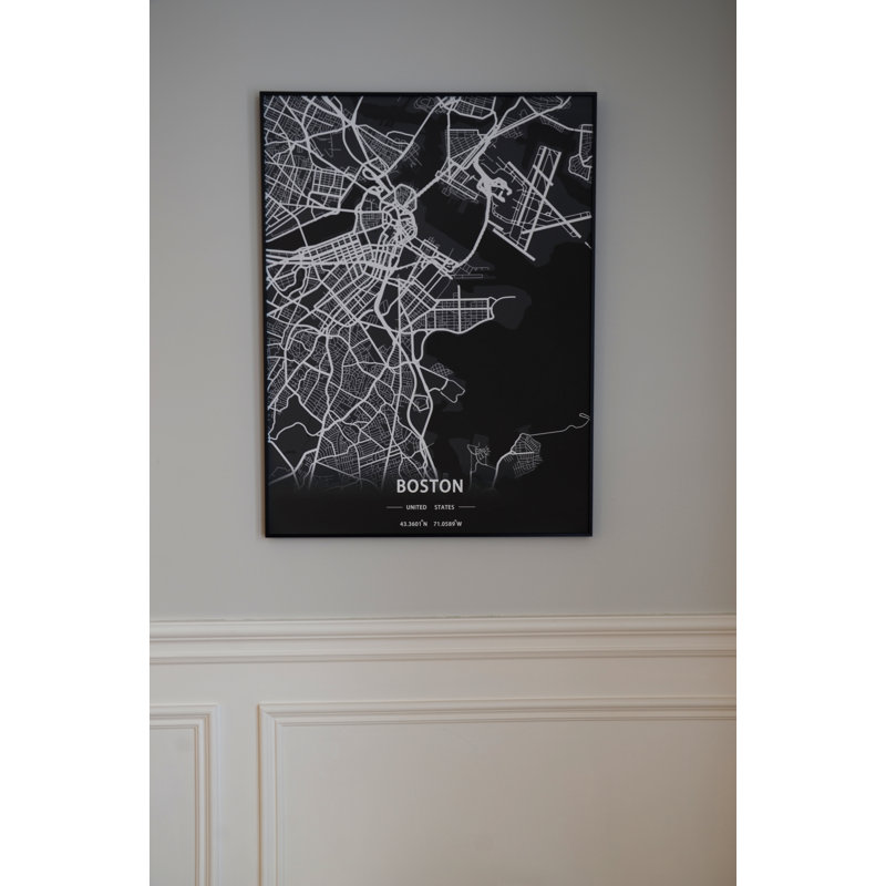 Boston City Map - impression encadrée, Noir