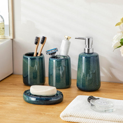 Ensemble d'accessoires de salle de bain vert, distributeur de savon en céramique et porte-brosses à dents, ensemble de lavabo de salle de bain en grès 4 pièces pour décoration intérieure moderne
