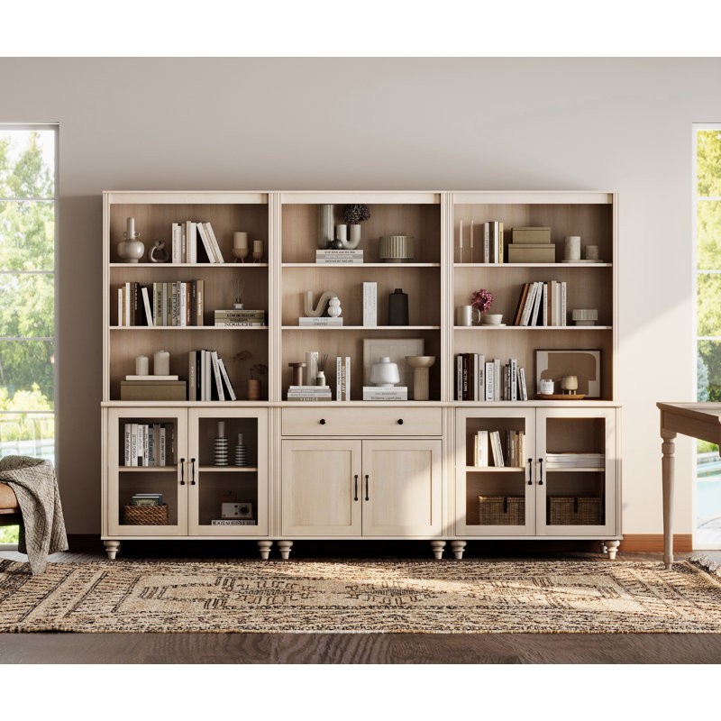 72.1"H X 101.6"W 3-Tier Bookcase With One Drawer And Three Cabinets, Set Of 3 Bookcases Farmhouse Bookshelves For Living Room Bedroom Home Office Kitchen, Beige