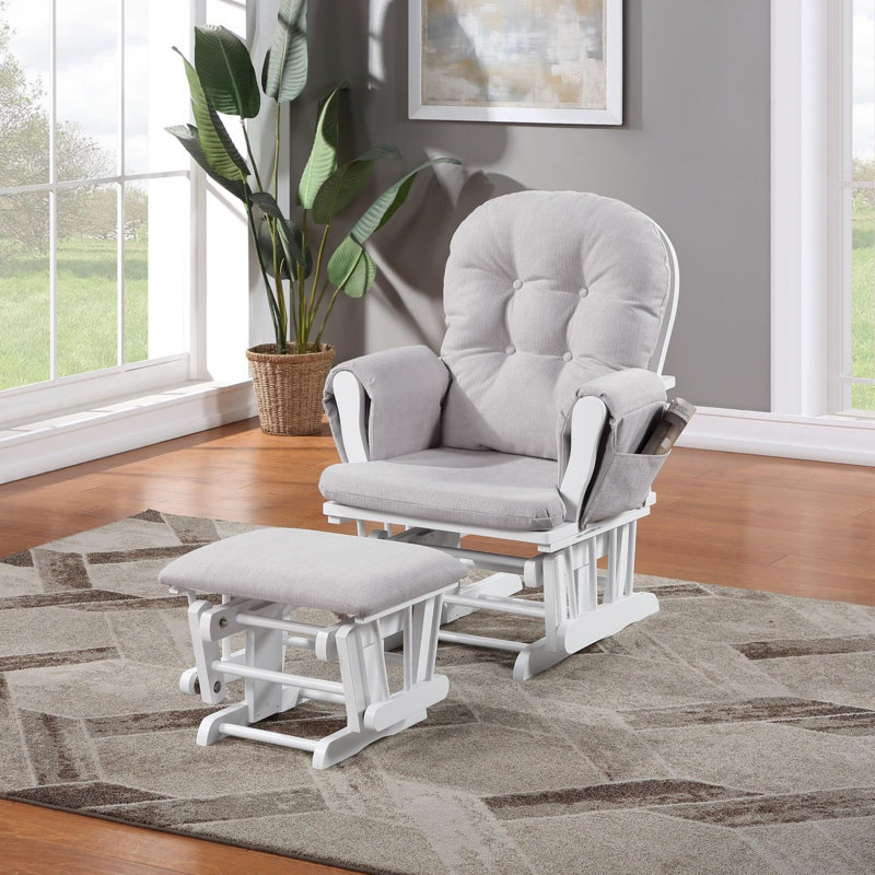 Cleo Wooden Glider and Ottoman, White Wood, Light Gray Polyester