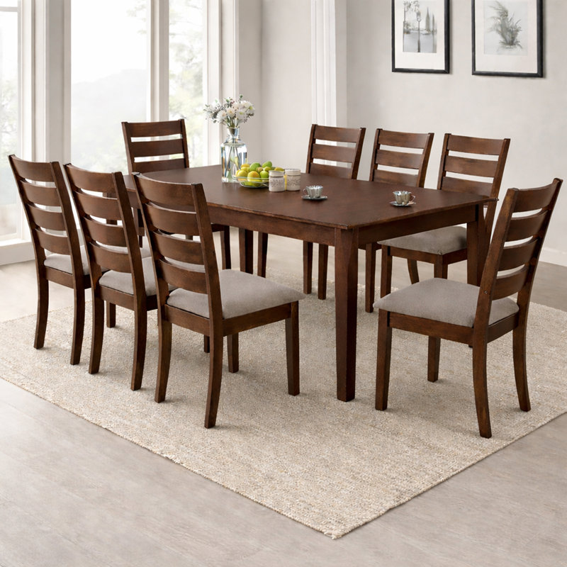 Ensemble de salle à manger rectangulaire traditionnel 78,7 pouces 9 pièces avec finition en chêne sale et chaises rembourrées en polyester Greige