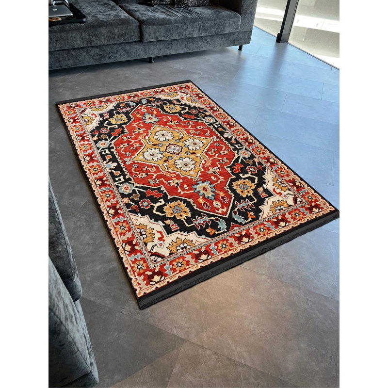 Tapis rouge en polypropylène à imprimé numérique Wawro, Tapis de couloir 2 pi 8 po x 7 pi 11 po