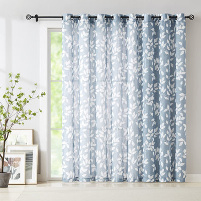 Panneaux de rideaux semi-transparents à portes coulissantes en verre bleu blanc à motif de feuilles semi-transparentes 100 "extra large 84" en lin texturé pour salon
