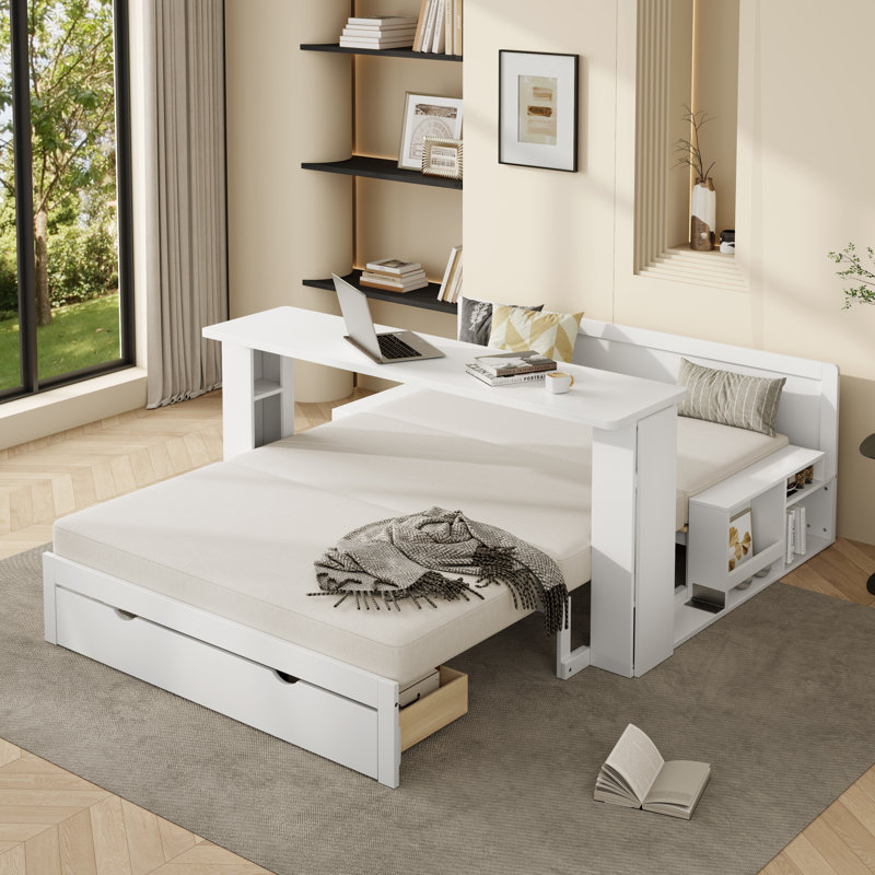 Lit de jour double avec bureau amovible, tiroirs de rangement et table d'appoint hydraulique (le matelas n'est pas inclus)