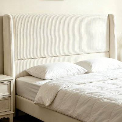 50.6" Tall Upholstered Headboard, Wingback Corduroy Bed Headboard with Vertical Channel Tufting, Padded Soft Backrest, Stable Adapter Design, Cream
